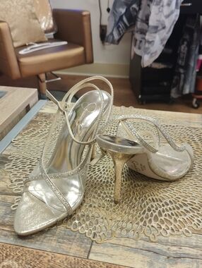 Jessica Simpson Metallic Gold Rhinestone Strappy Heels